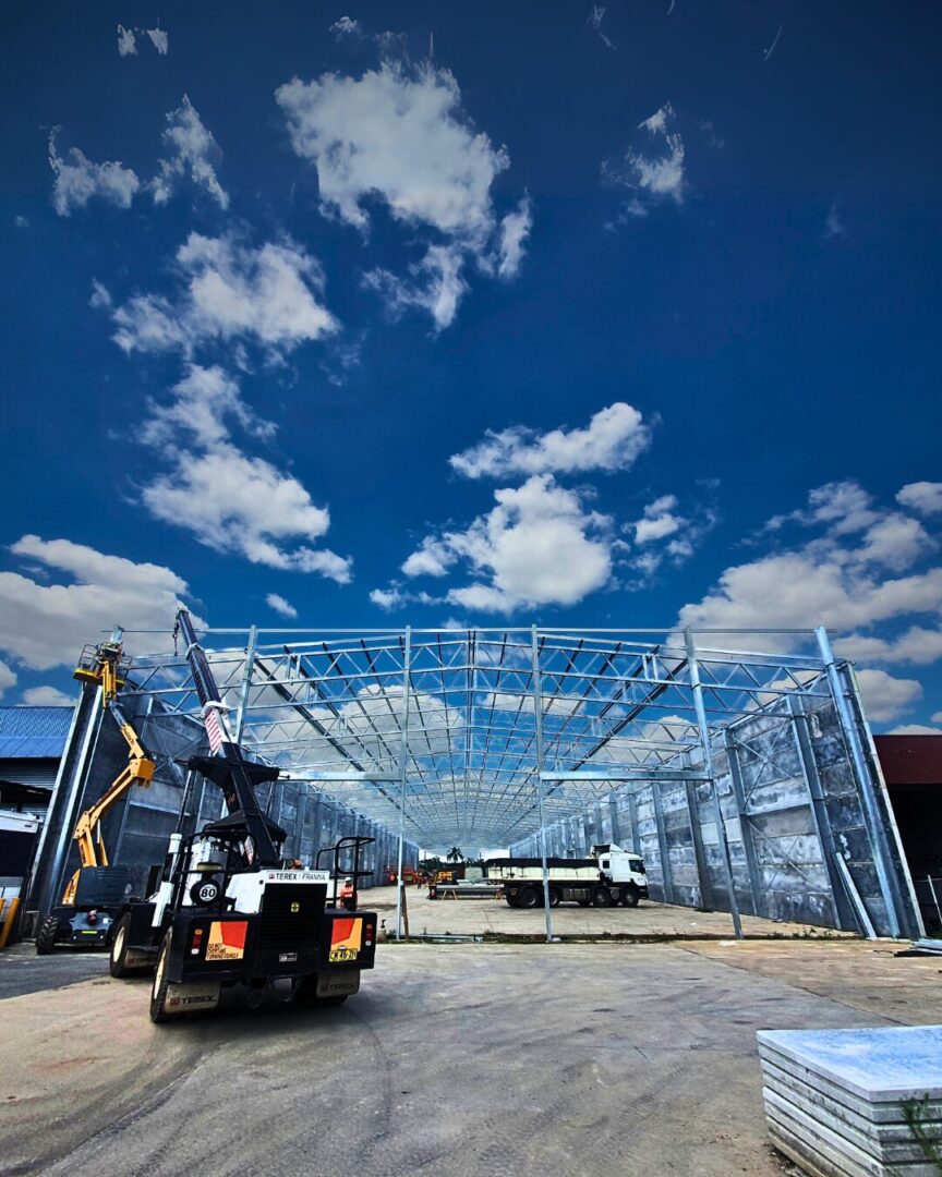 Steel framework installation at Fairfield East manufacturing warehouse