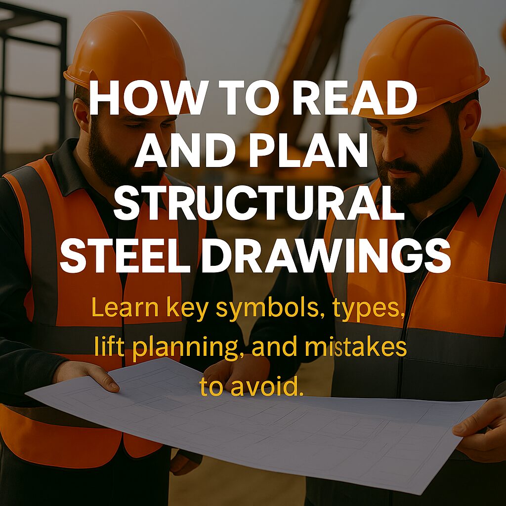 Two riggers in safety gear reviewing structural steel plans on-site with overlay text highlighting "Top 10 Steel Rigging Mistakes and How to Avoid Them."