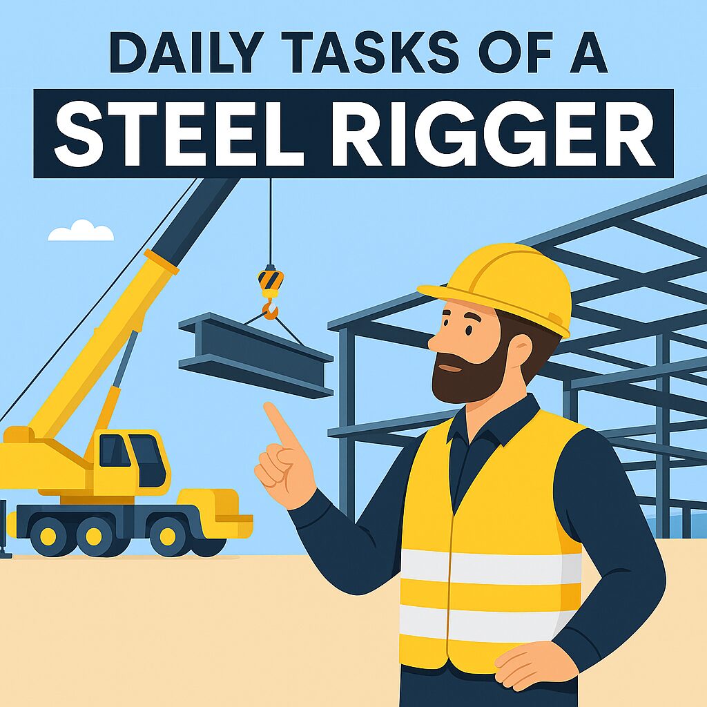 Steel rigger guiding crane lift during structural steel installation on a construction site