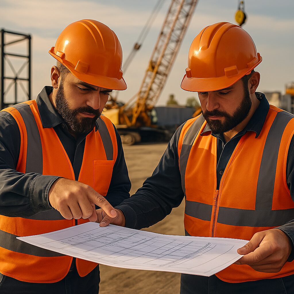 Two riggers in safety gear reviewing structural steel plans on-site with overlay text highlighting "Top 10 Steel Rigging Mistakes and How to Avoid Them."