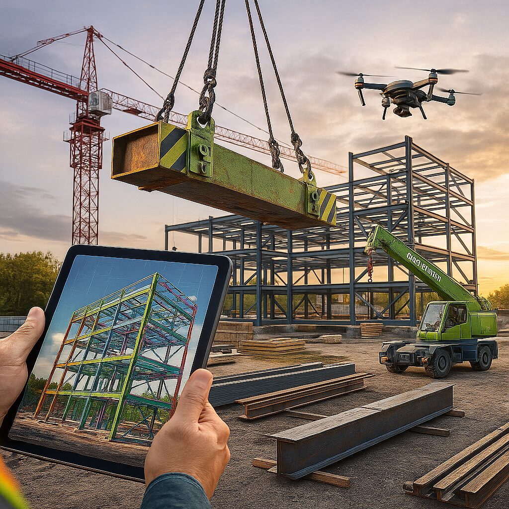 Two rigging professionals in safety gear on a steel construction site, discussing project plans with a tablet and radio