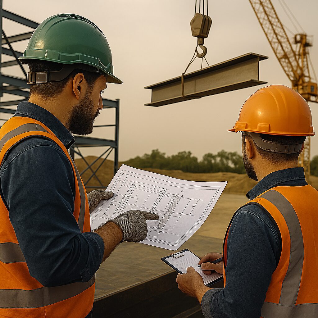 Construction rigger guiding a steel beam with crane on site, promoting a guide on essential steel rigging terminology for project managers.