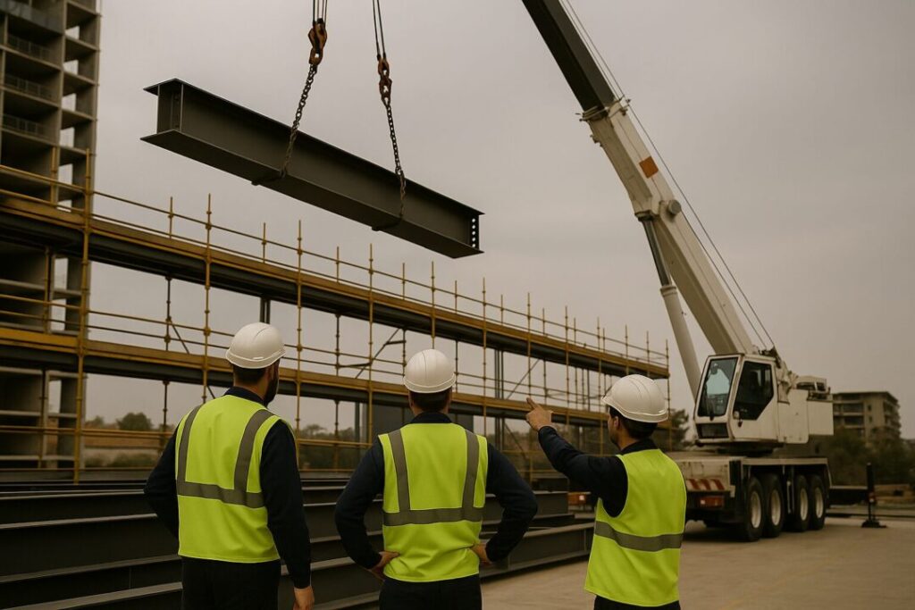 Certified steel riggers operating a mobile crane to install large structural steel framework on a Sydney commercial site.