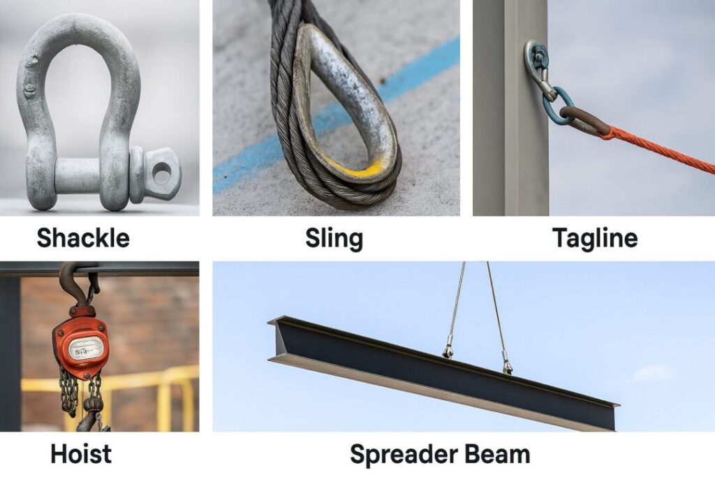 Close-up photo of a heavy-duty steel shackle and wire sling used for lifting operations during a structural steel rigging project in NSW.