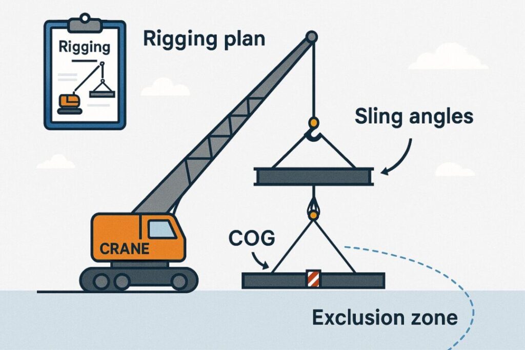 Diagram illustrating a crane performing a critical steel lift with marked sling angles, exclusion zone, and correct centre of gravity placement