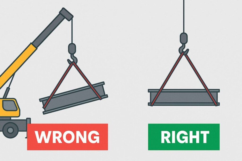 Diagram comparing incorrect sling angle causing unstable steel lift versus proper sling angle with balanced load.