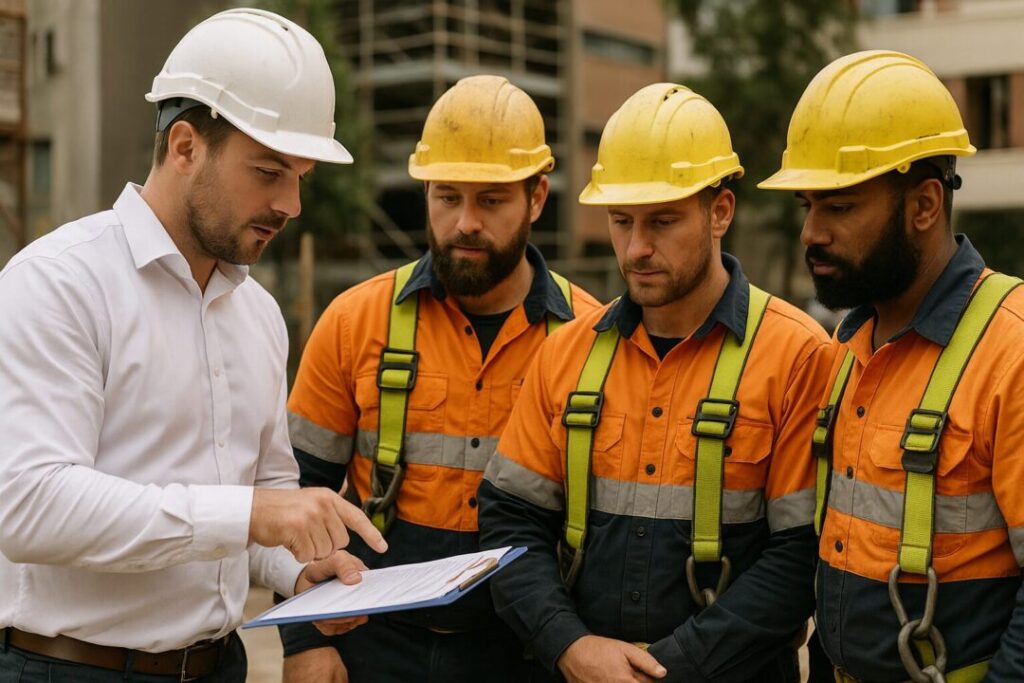 Project manager reviewing safe work method statement with certified rigging team wearing PPE on a Sydney construction site.