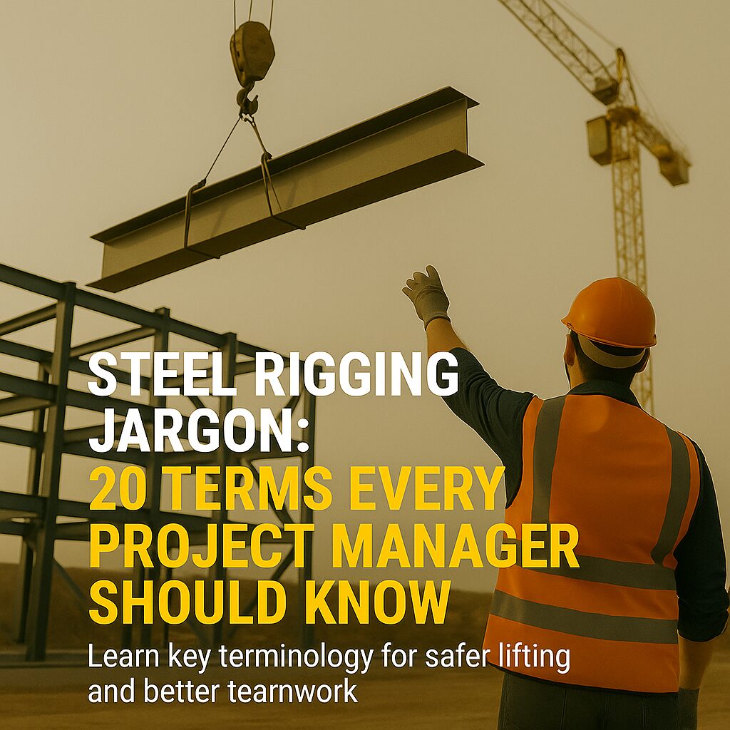 Construction rigger guiding a steel beam with crane on site, promoting a guide on essential steel rigging terminology for project managers.