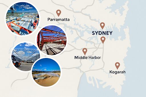 Digital map showing completed steel rigging worksites across Sydney