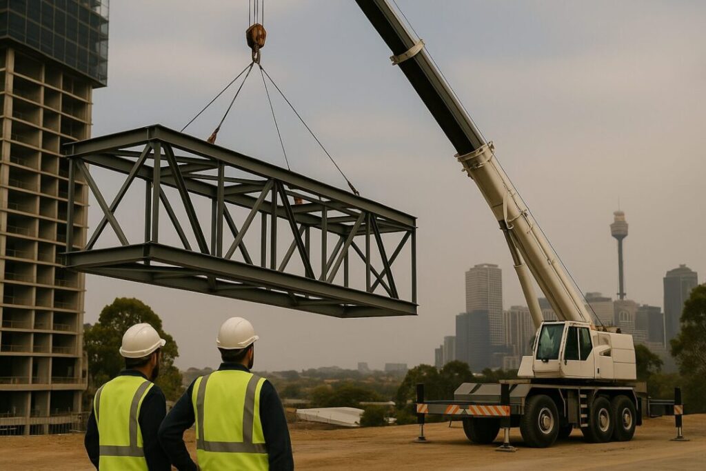 Wide shot of Hard Bakka Rigging crane lifting steel beams on a Sydney construction site