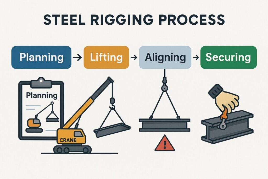 Infographic flowchart showing planning, lifting, aligning, and securing stages in steel rigging
