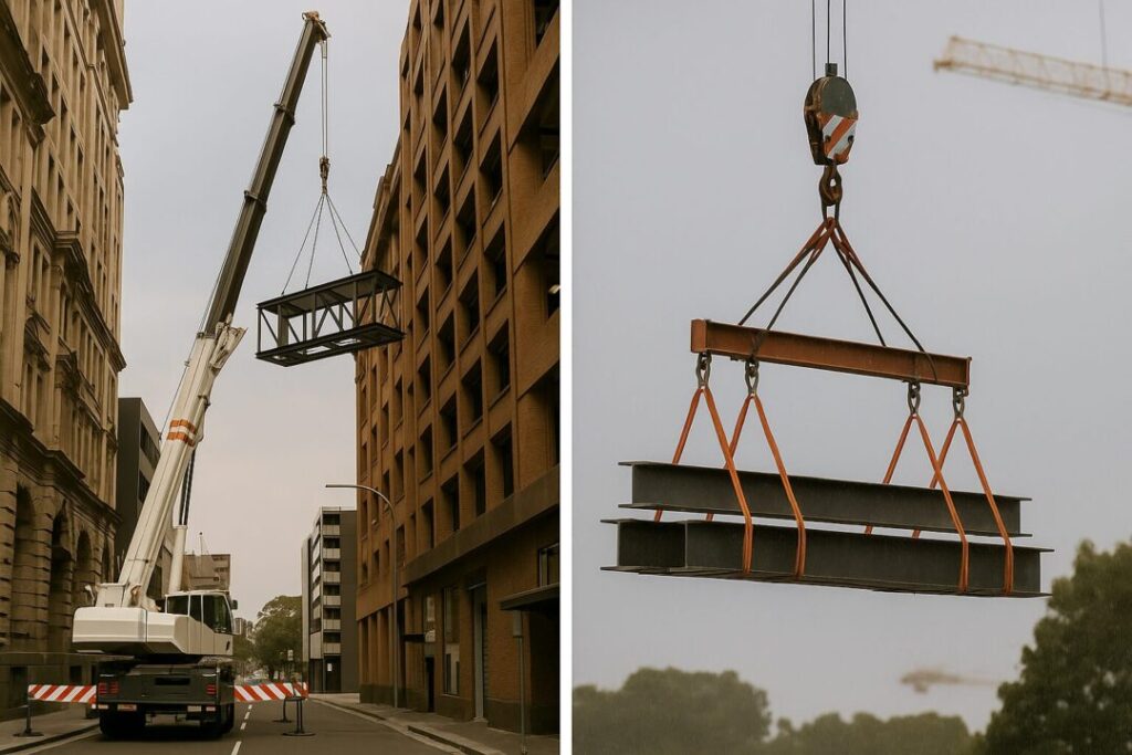 Split image showing crane setup in tight space and steel lift using spreader beam