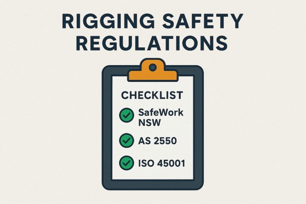 Checklist infographic showing SafeWork NSW, AS 2550, and ISO 45001 certification icons