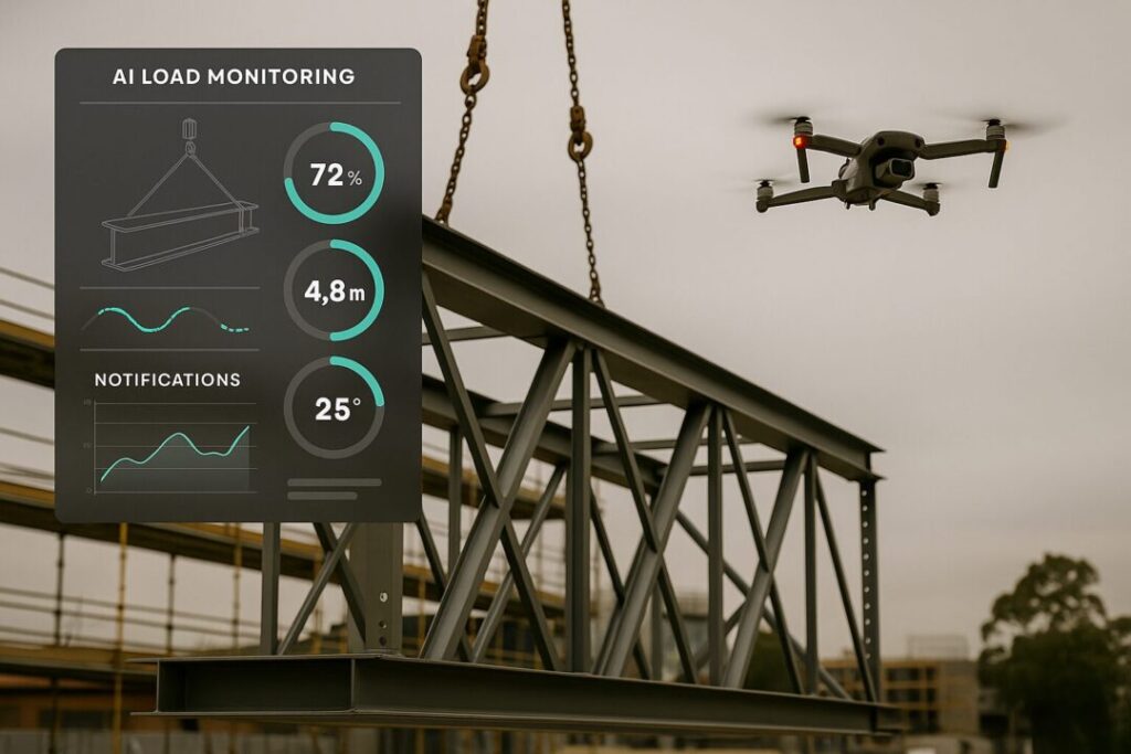 Digital photo with AI-powered load monitoring dashboard overlayed on crane lift