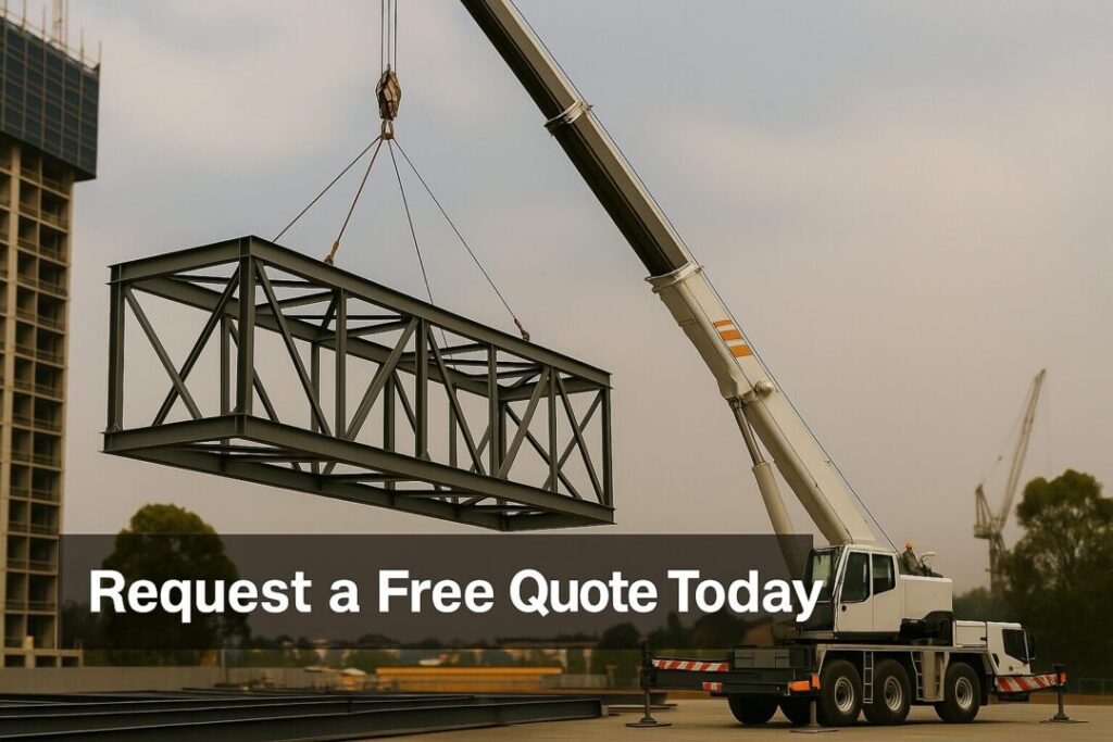 Crane lifting structural steel frame with overlay text ‘Request a Free Quote Today