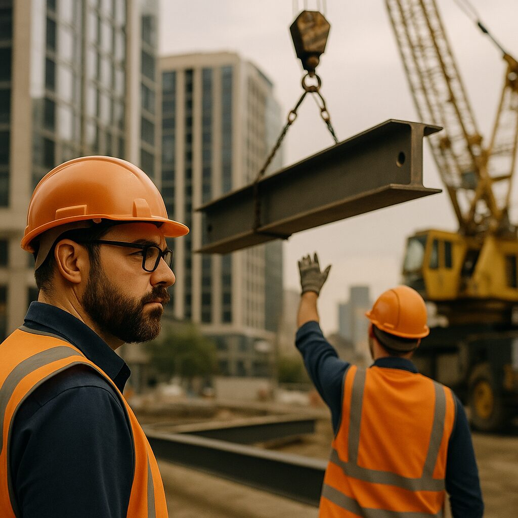 A rigger operates near a crane while another supervises a heavy steel lift on a Sydney construction site, illustrating teamwork, precision, and safety in structural steel rigging.