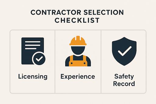 Checklist infographic with icons for licensing, safety record, and project experience