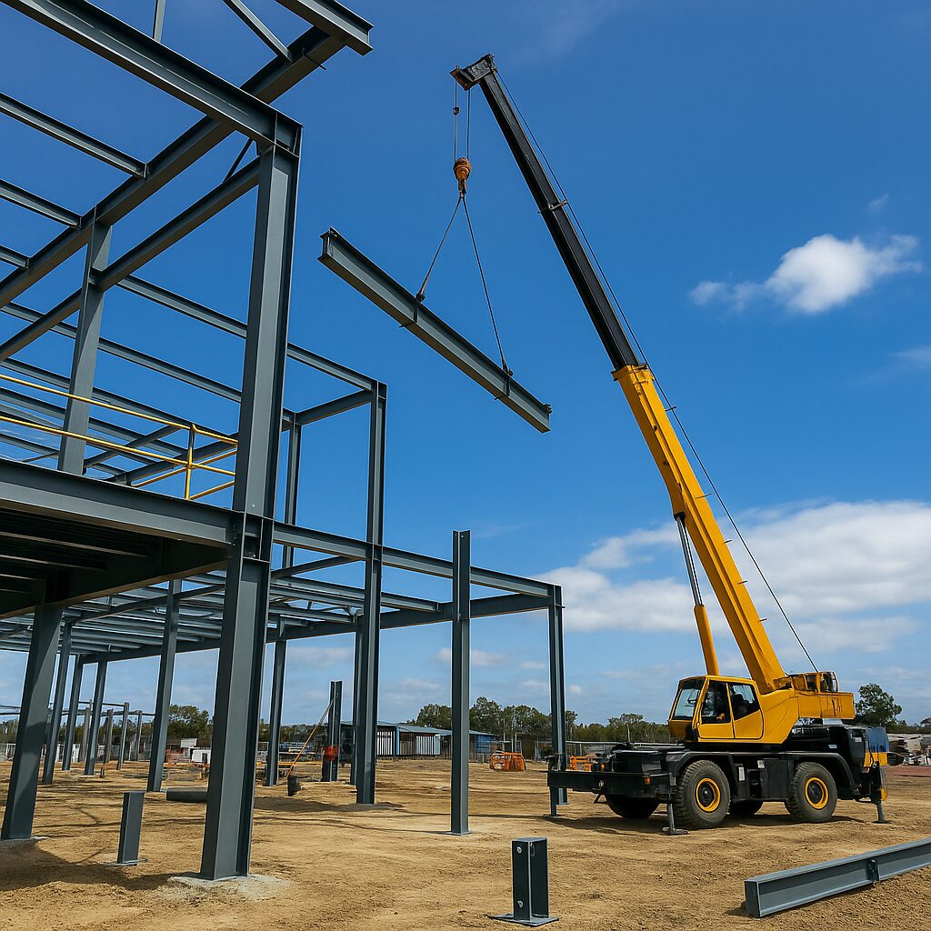Construction workers assembling a steel structure on site under a clear sky, representing steel erection and heavy lifting operations.