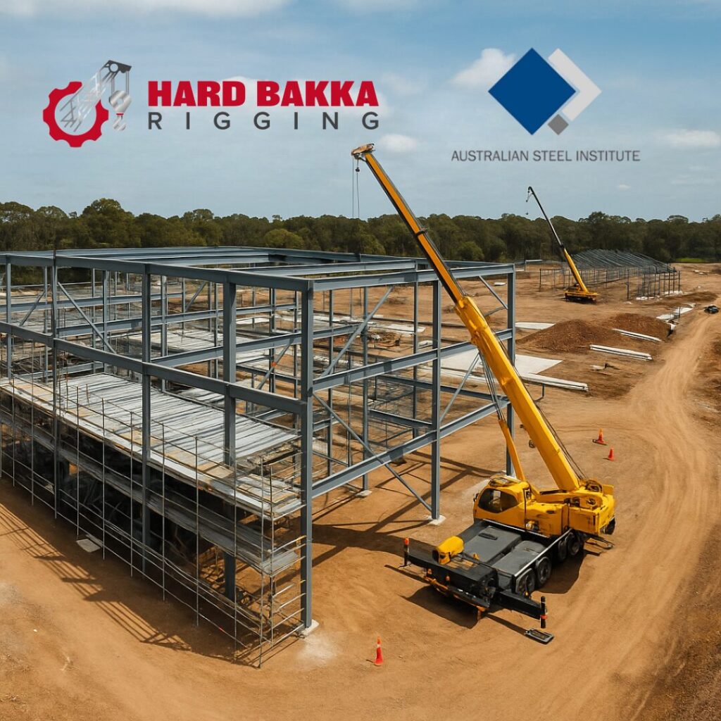 Aerial drone view of structural steel installation site by Hard Bakka Rigging in NSW