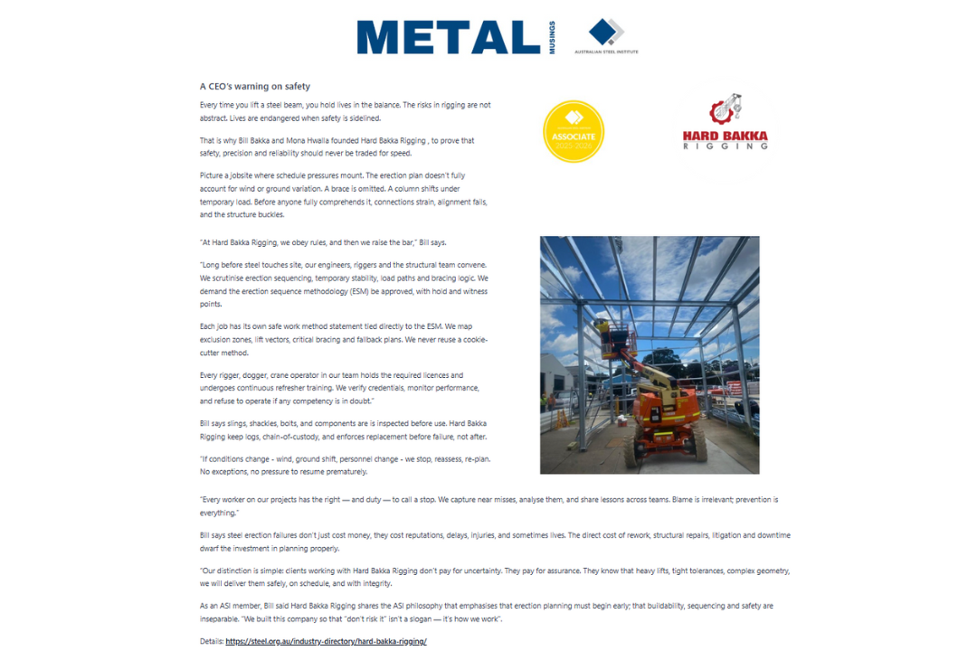 METAL magazine thumbnail showing Hard Bakka Rigging safety article